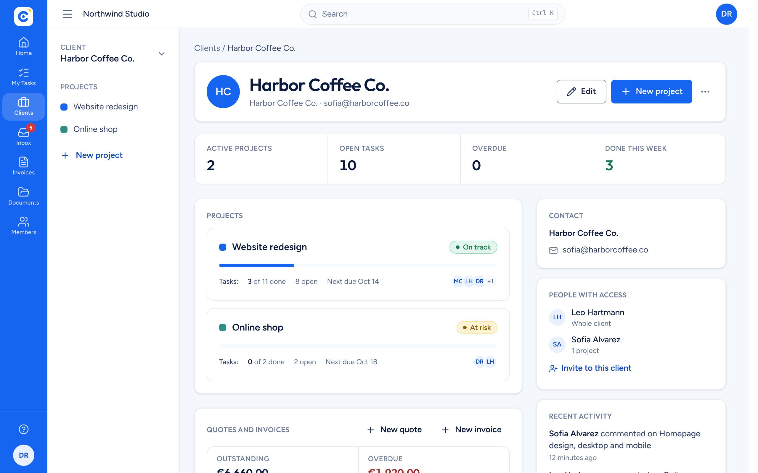 A Clientfolk client page with its projects, people with access, recent activity, and quotes and invoices