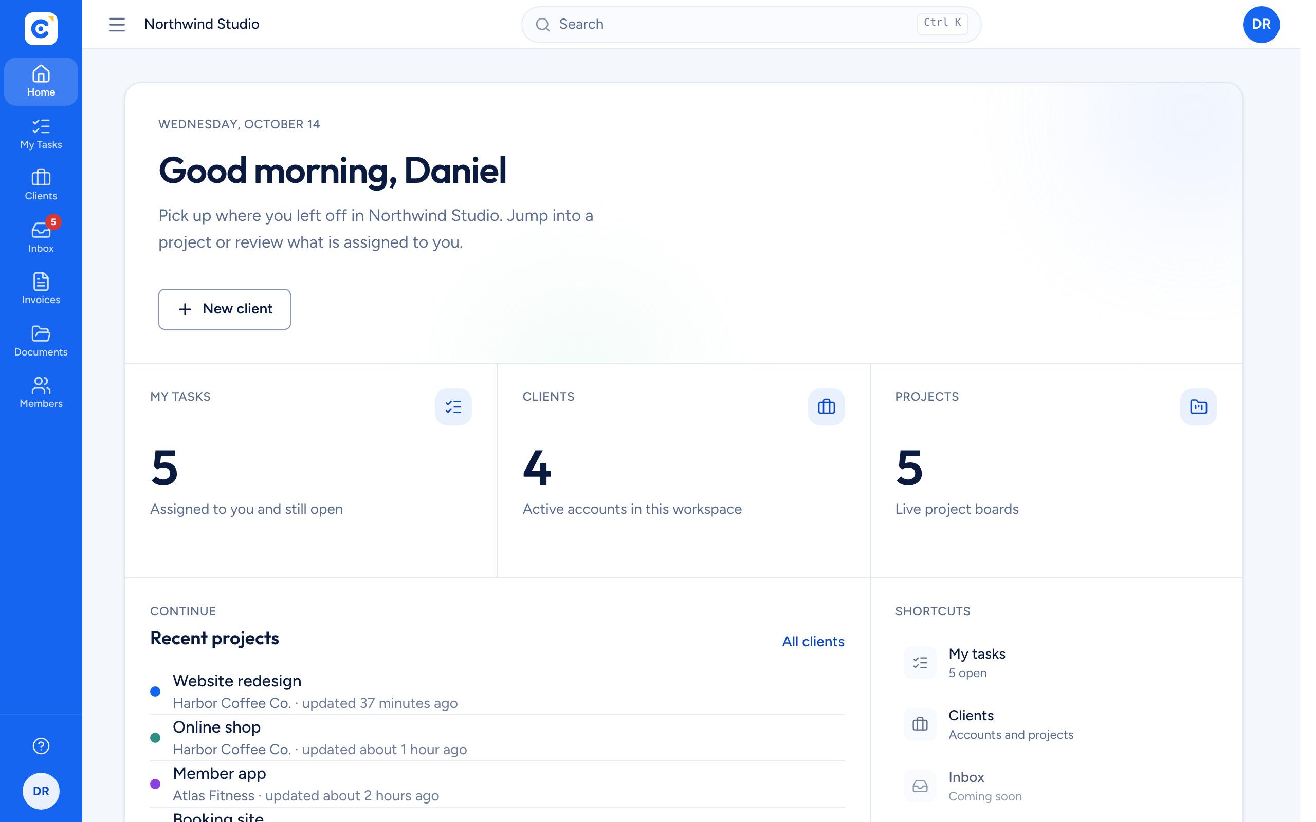 The Clientfolk dashboard with open tasks, active clients and recently updated projects