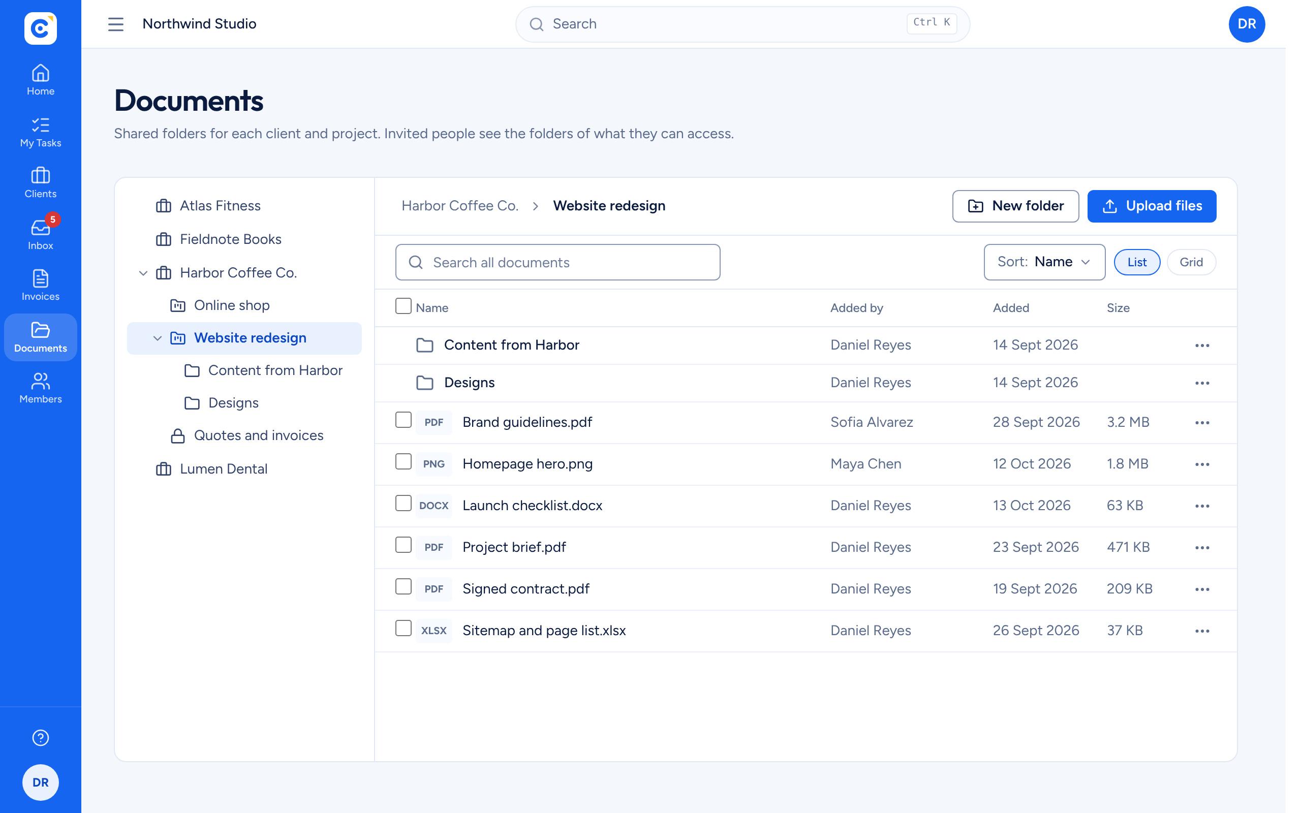 The Clientfolk documents library with a folder for each client and project