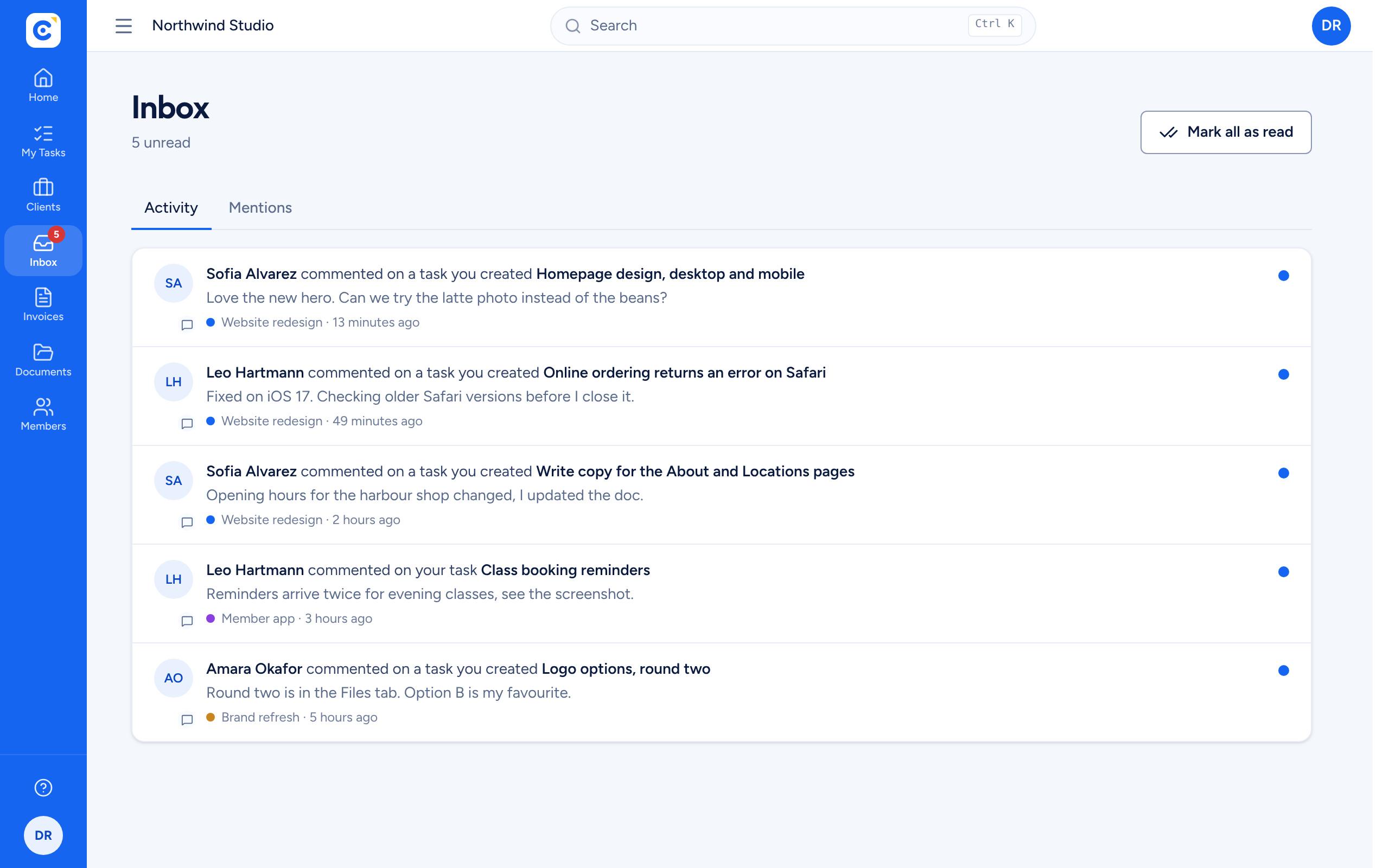 The Clientfolk inbox with new comments from clients and teammates