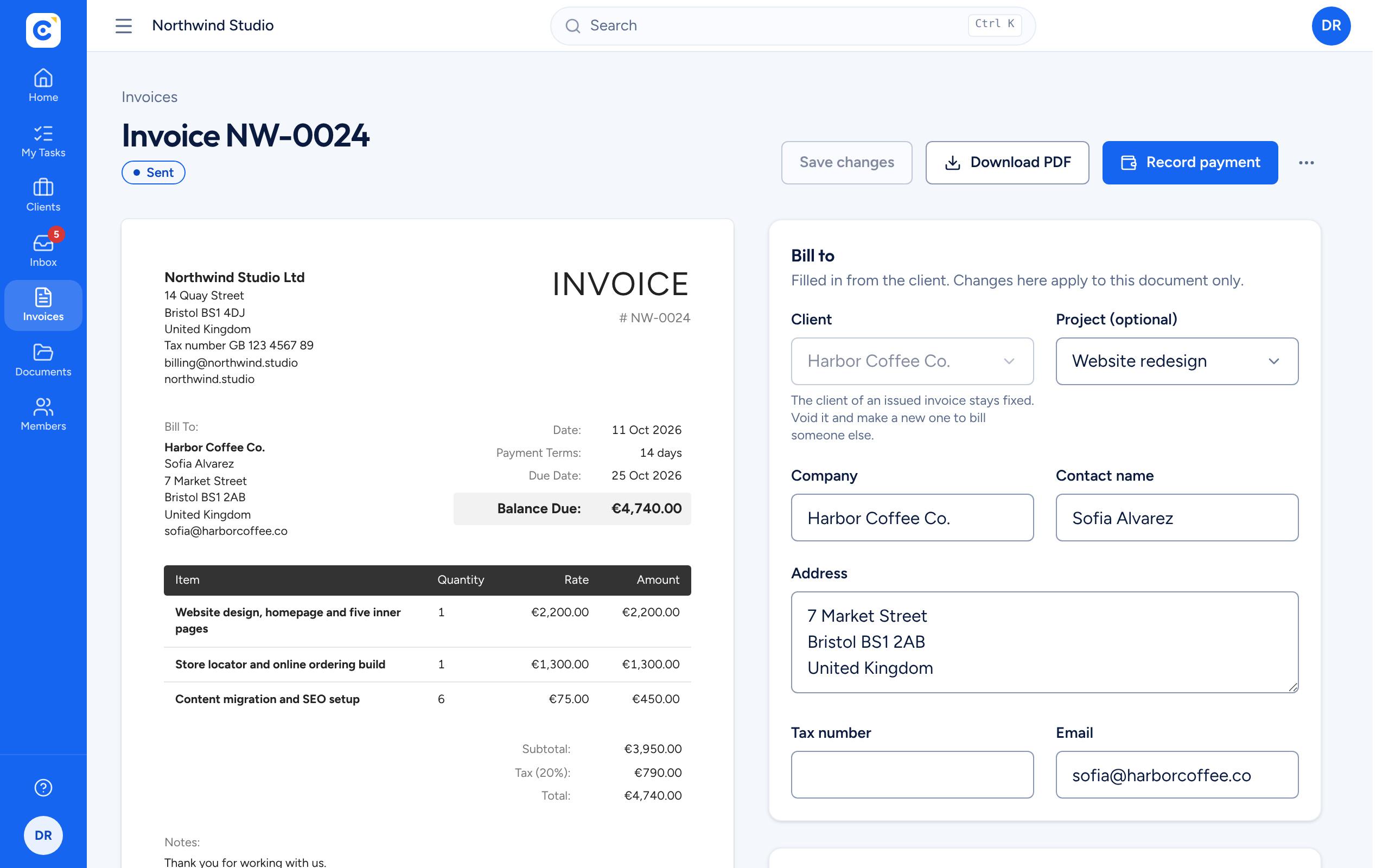 A Clientfolk invoice with line items, tax and the balance due