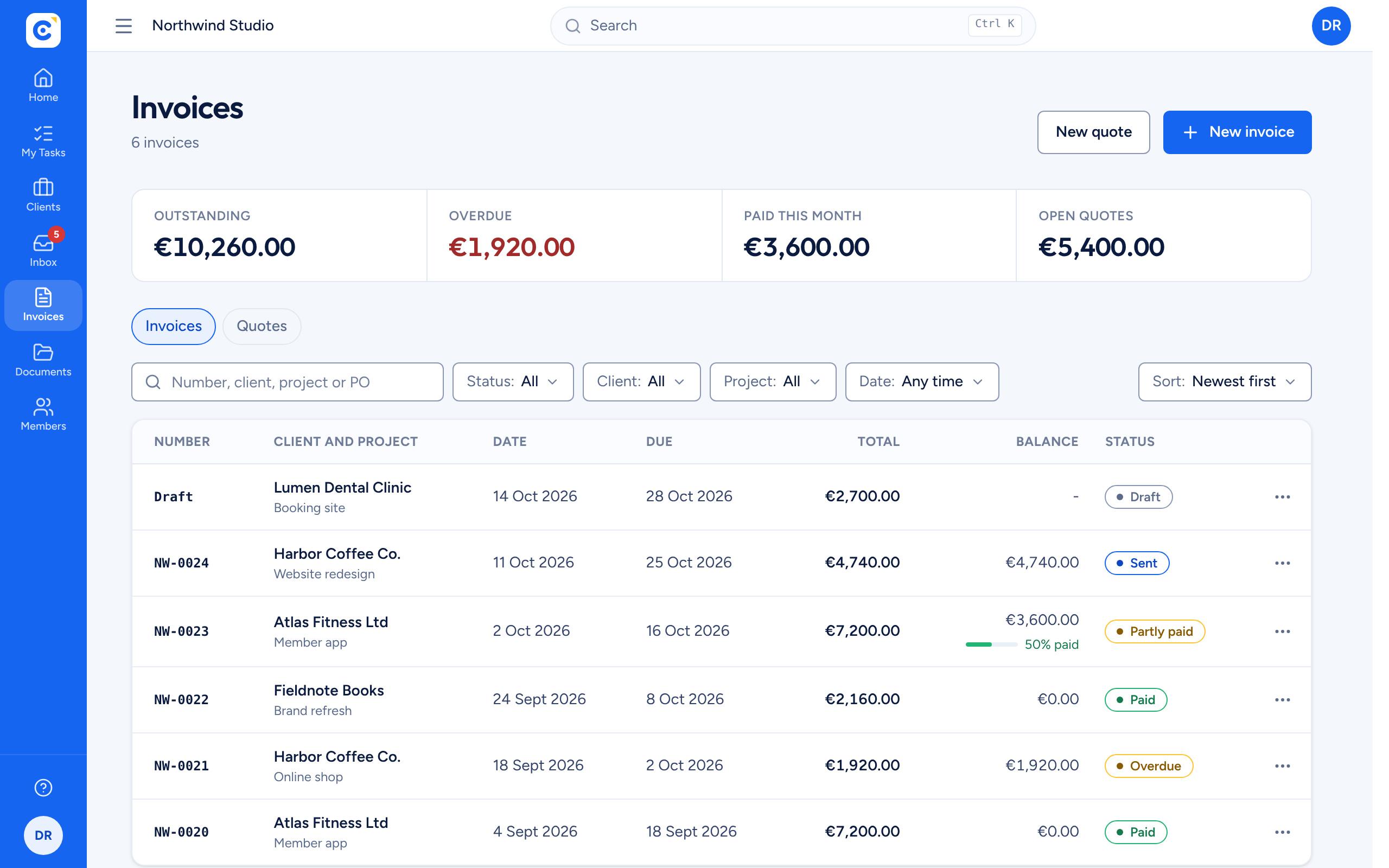 The Clientfolk invoices list with outstanding, overdue and paid totals