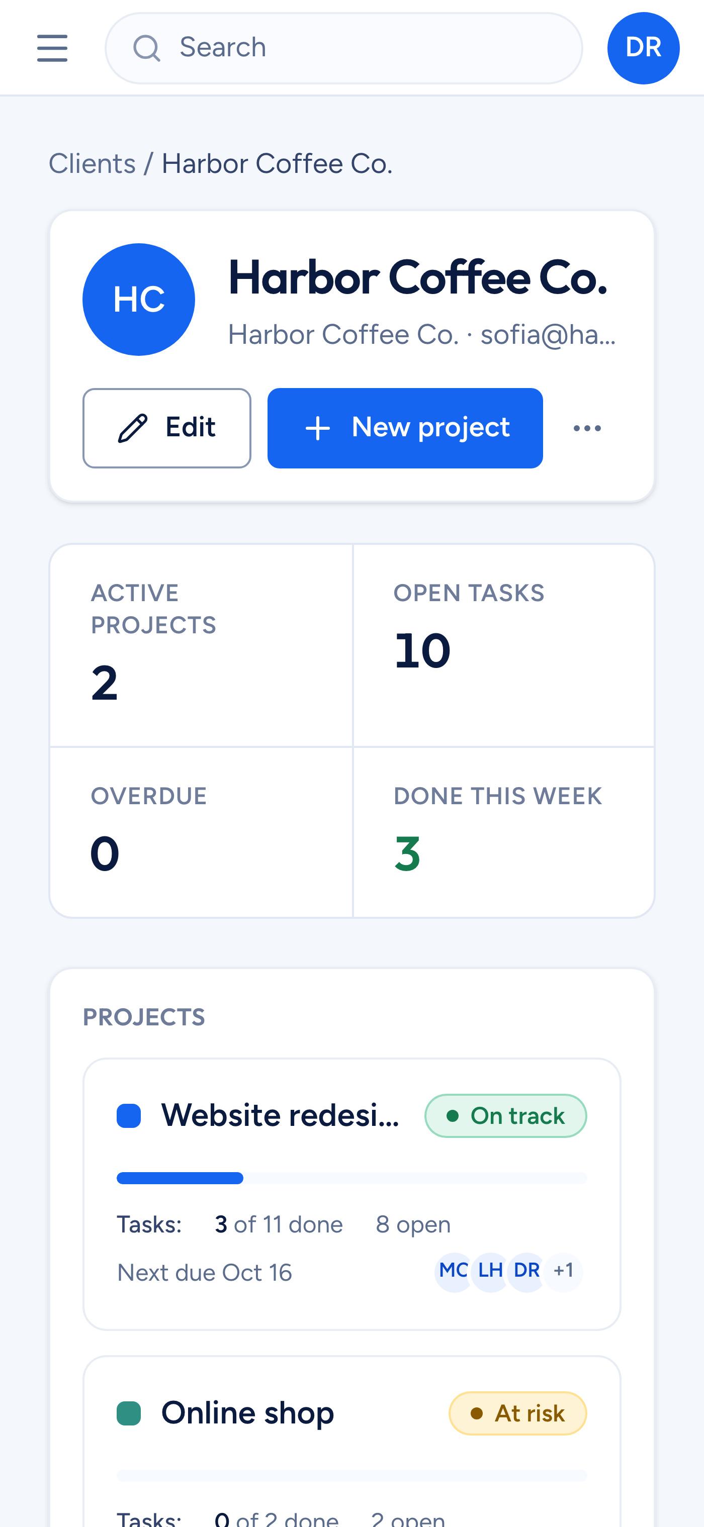 A client page in Clientfolk with active projects and open tasks, on a phone