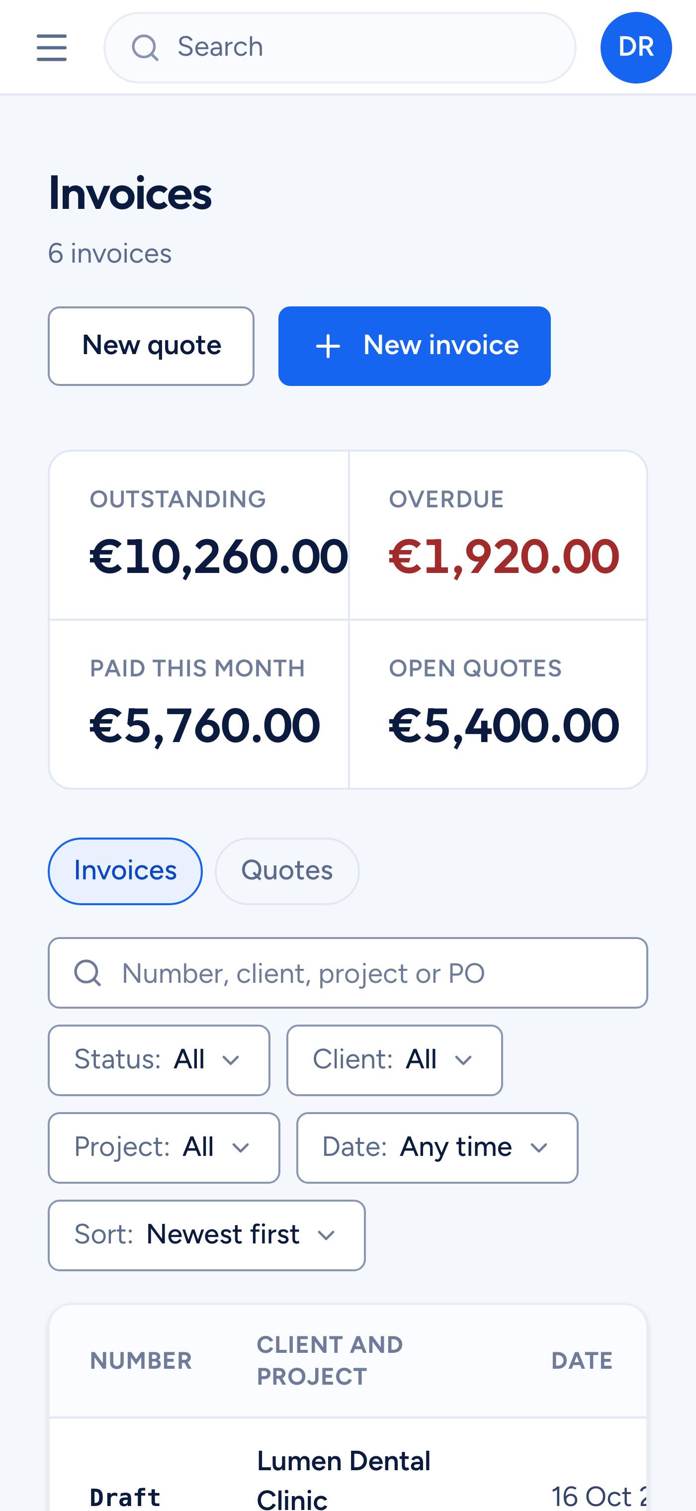 The Clientfolk invoices list with outstanding, overdue and paid totals, on a phone