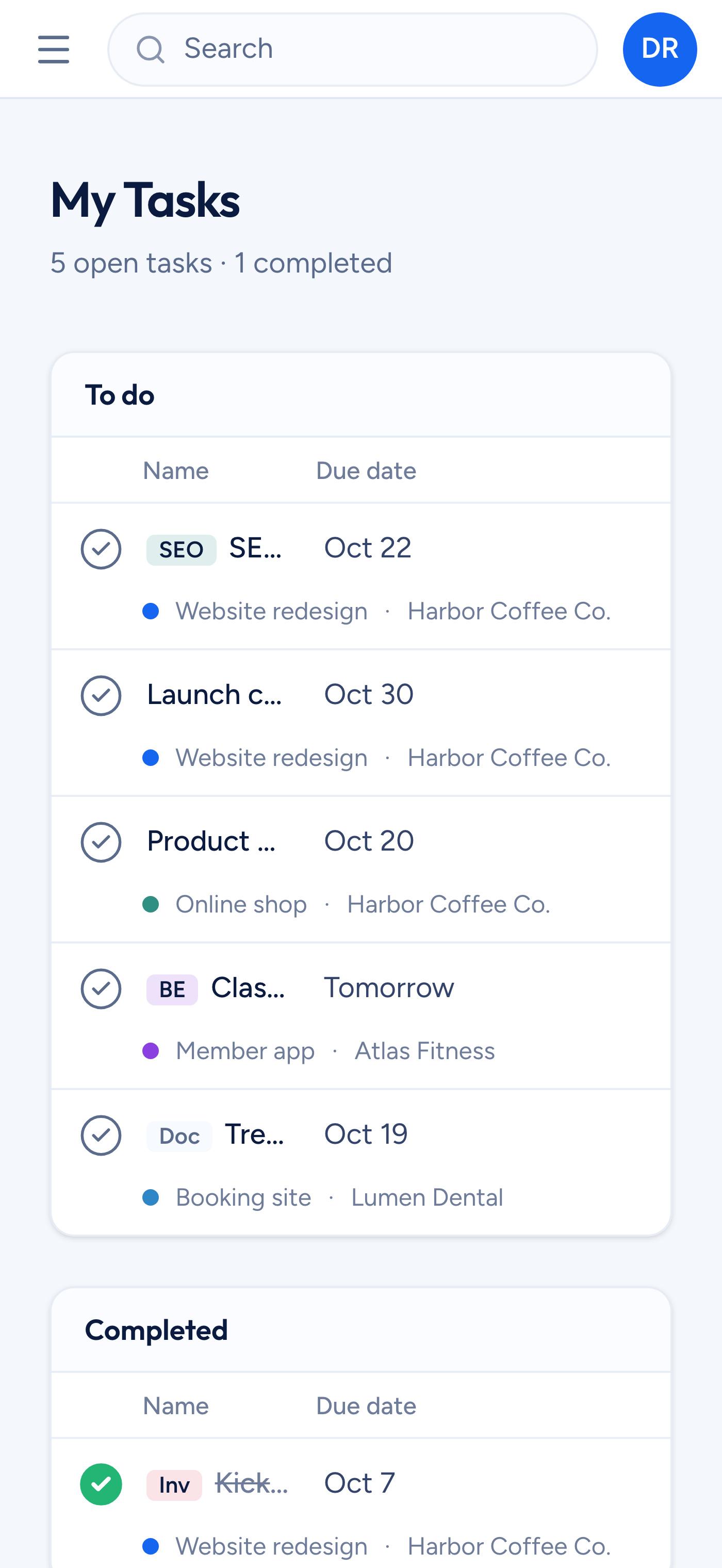 My tasks across every client project in Clientfolk, on a phone