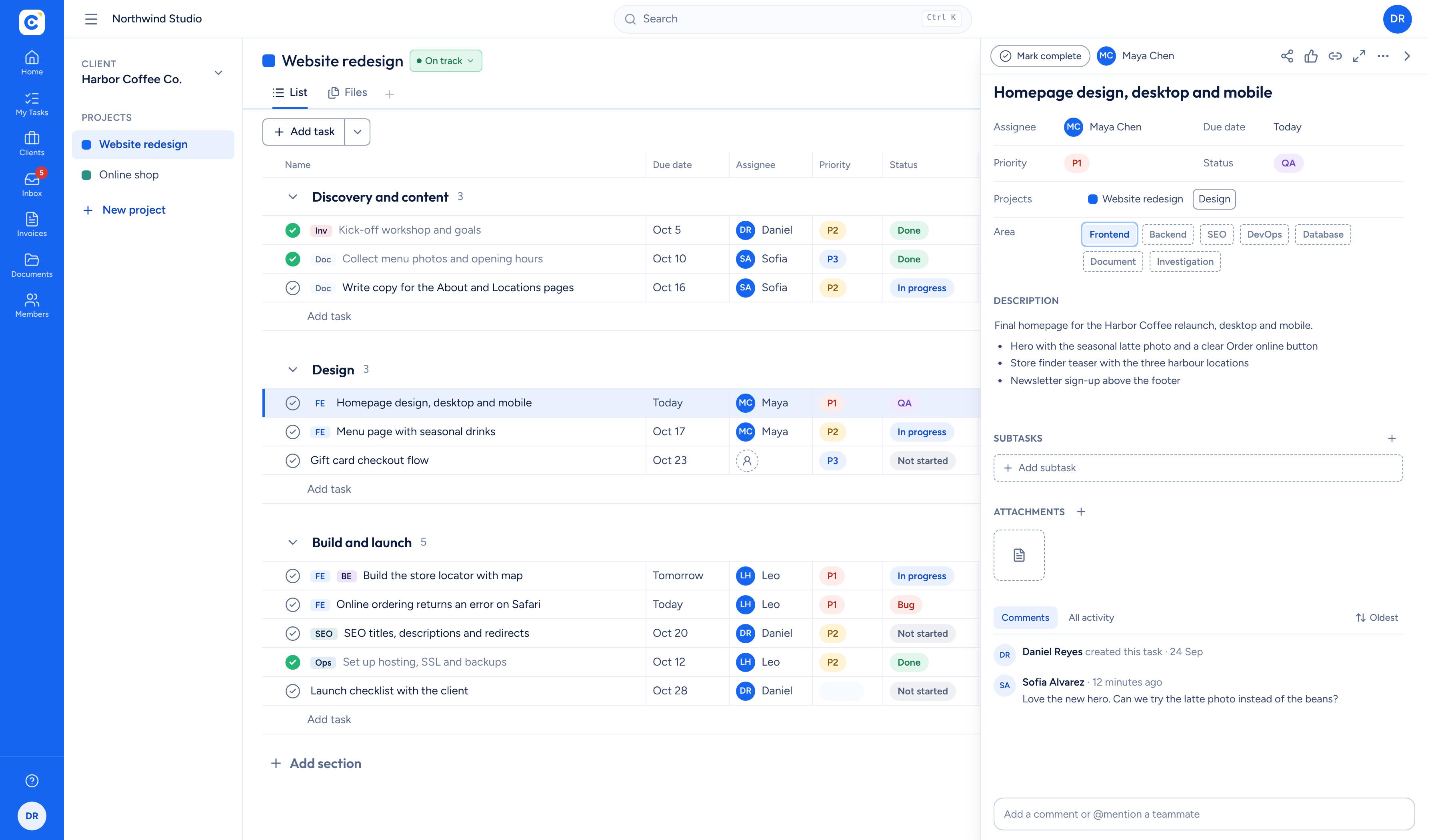 A Clientfolk task list with the task panel open