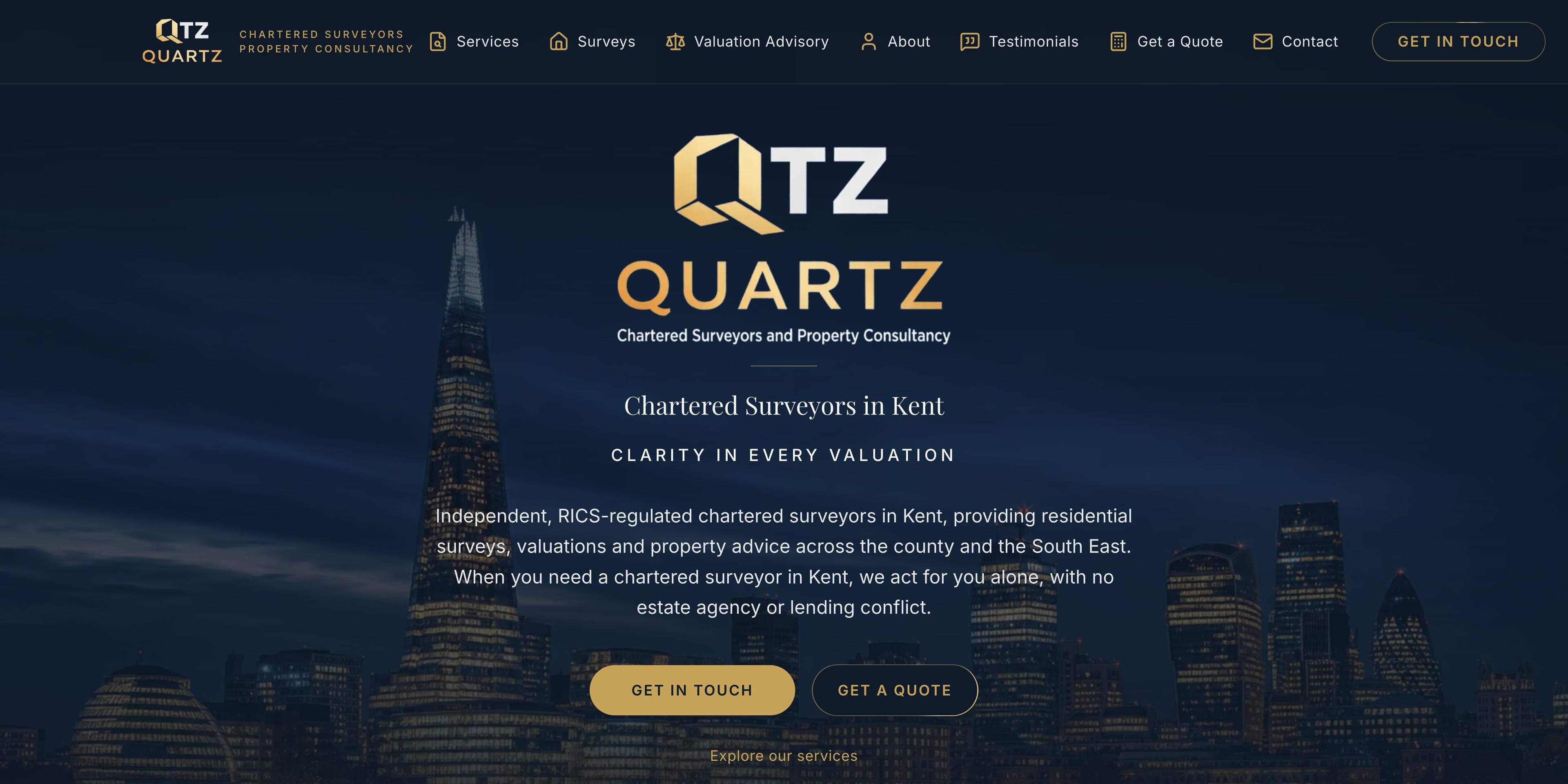 The Quartz Surveyors website home page on a desktop screen