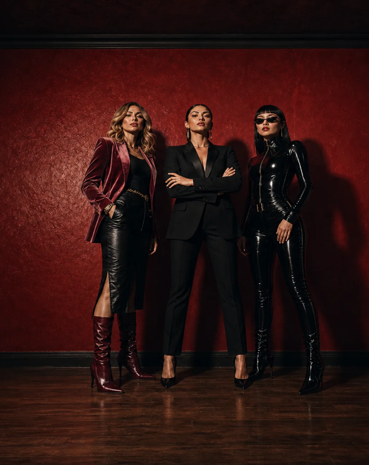 AI-generated vertical studio portrait of the Prima Arts Media trio standing full-length against a crimson wall, left member with blonde hair and visible face