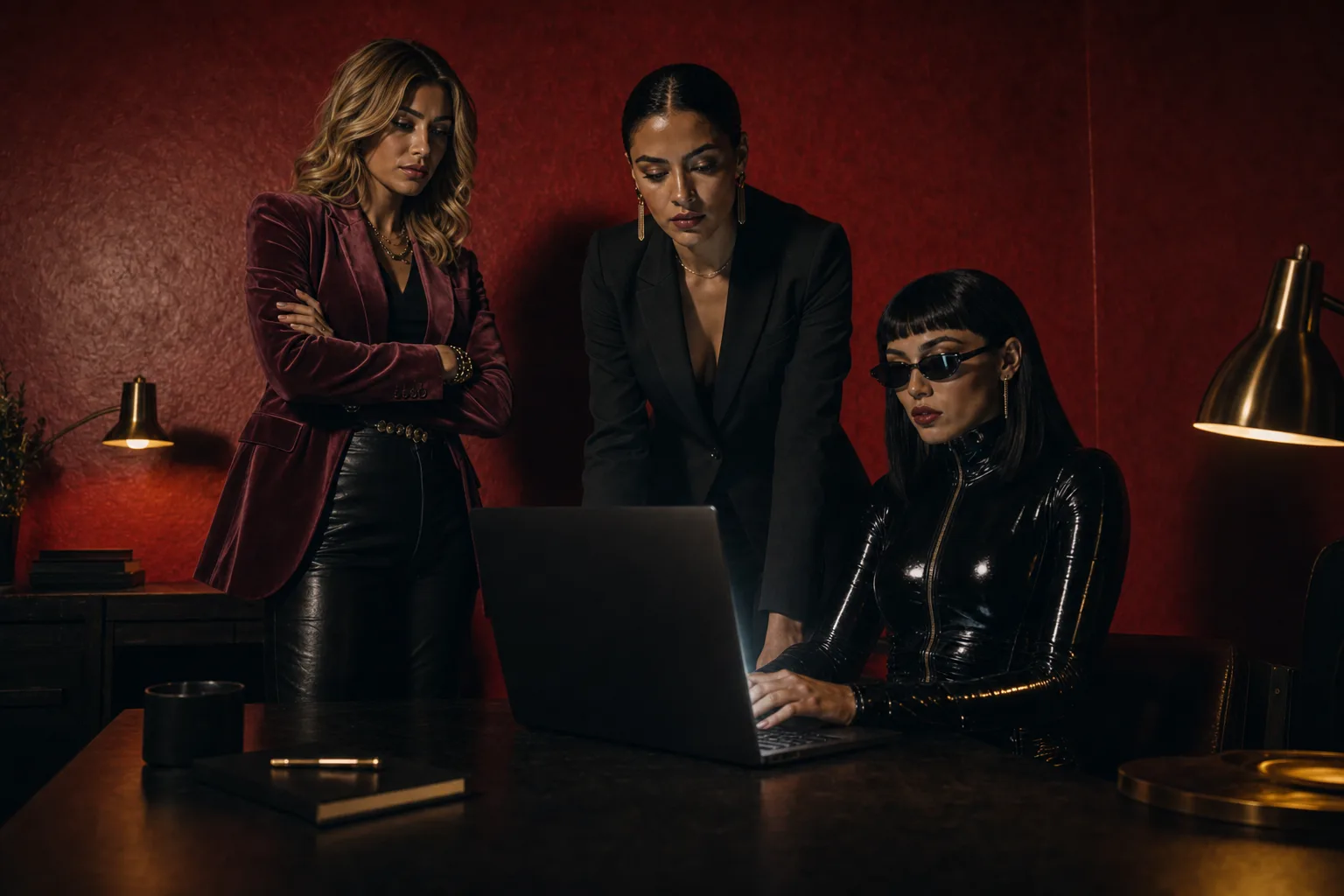 AI-generated editorial photo of the studio trio at a laptop during implementation in the crimson noir studio, left member with blonde hair and visible face