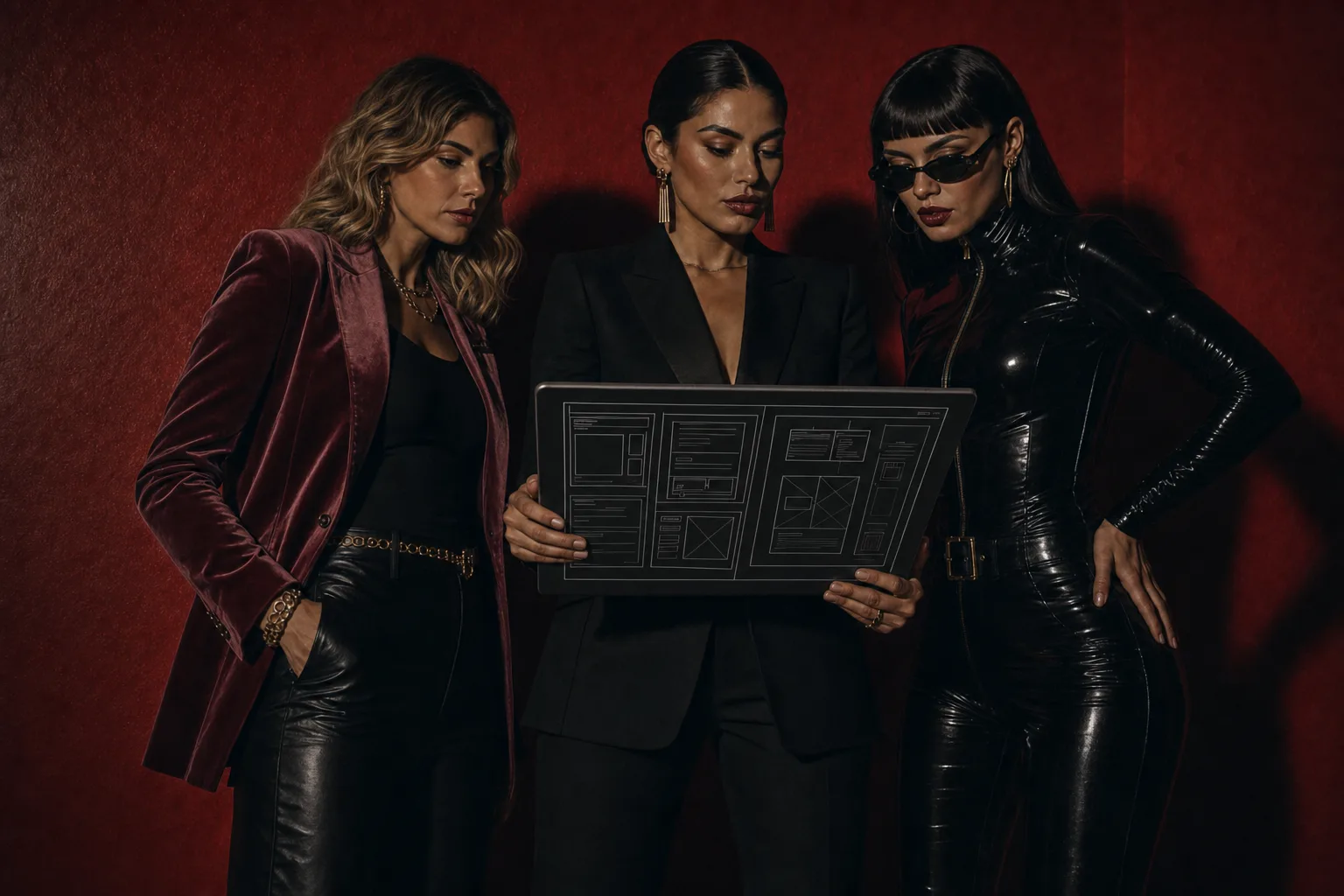 AI-generated editorial photo of the studio trio reviewing UI wireframes on a monitor in the same noir red studio, left member with blonde hair and visible face