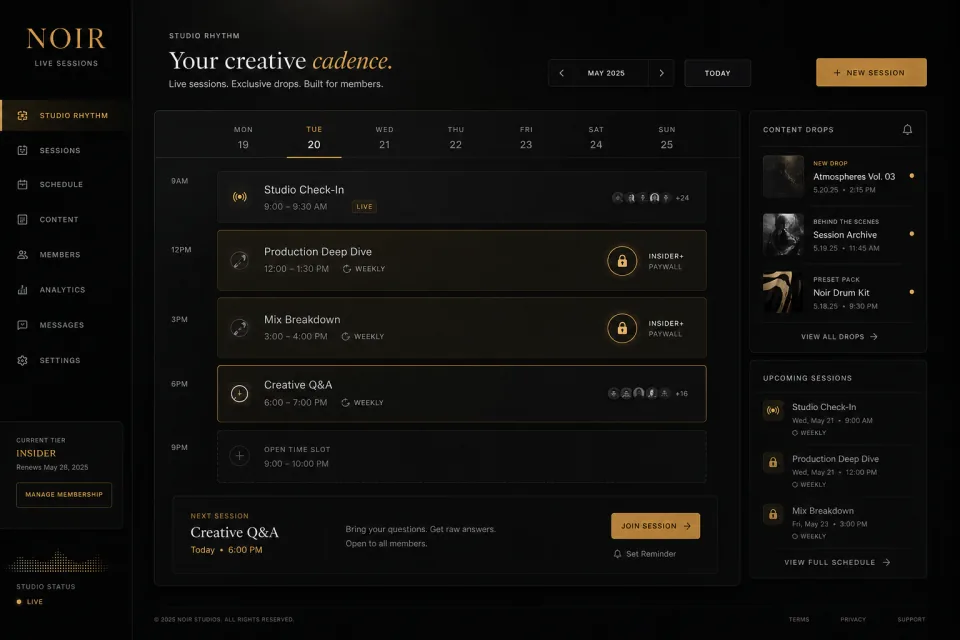Noir UI mockup of Noir Live Sessions scheduling, paywall and content drops for creators