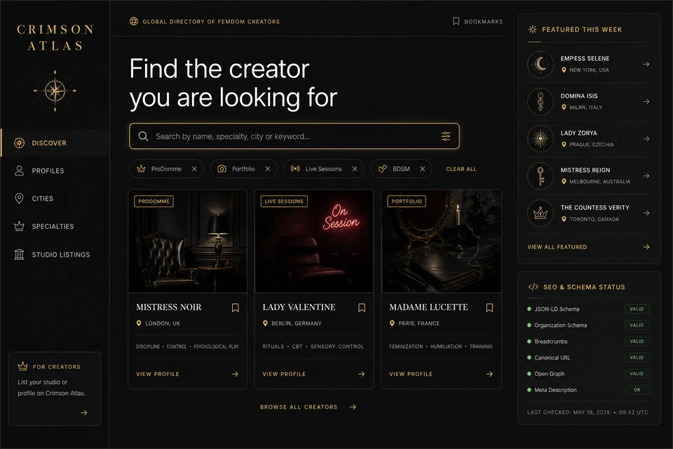 Noir UI mockup of Crimson Atlas, an editorial creator discovery directory with search and curated profiles