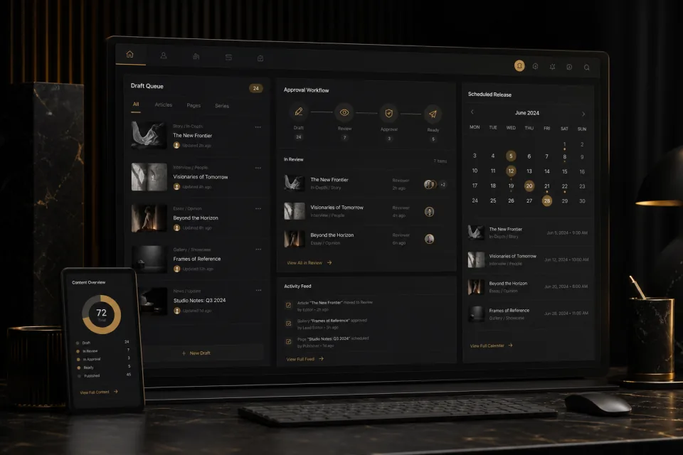 Noir CMS dashboard mockup with publishing workflow and approvals